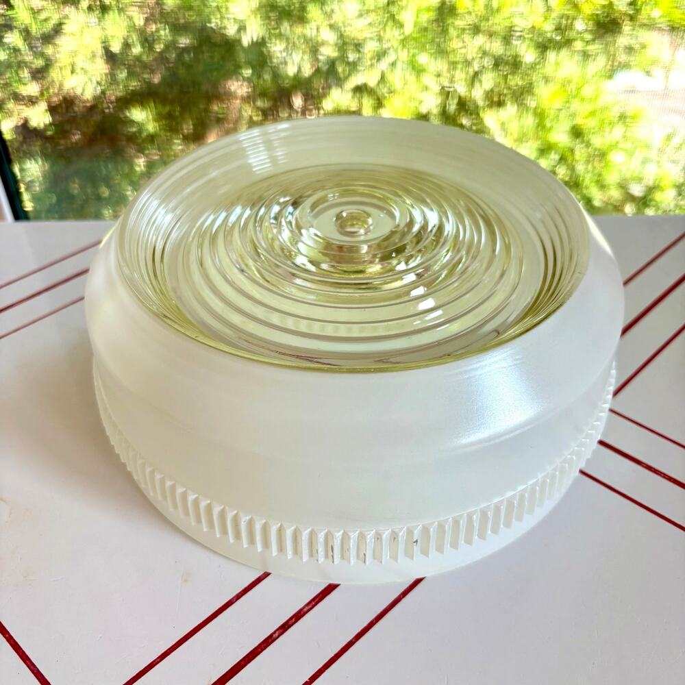 Vintage MCM Milk Glass Ceiling Light Shade Ribbed Clear Center